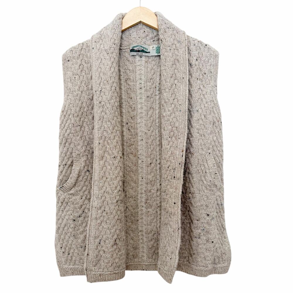 Aran Crafts Ireland Tan Merino Wool Knit Cardigan Vest Sz S